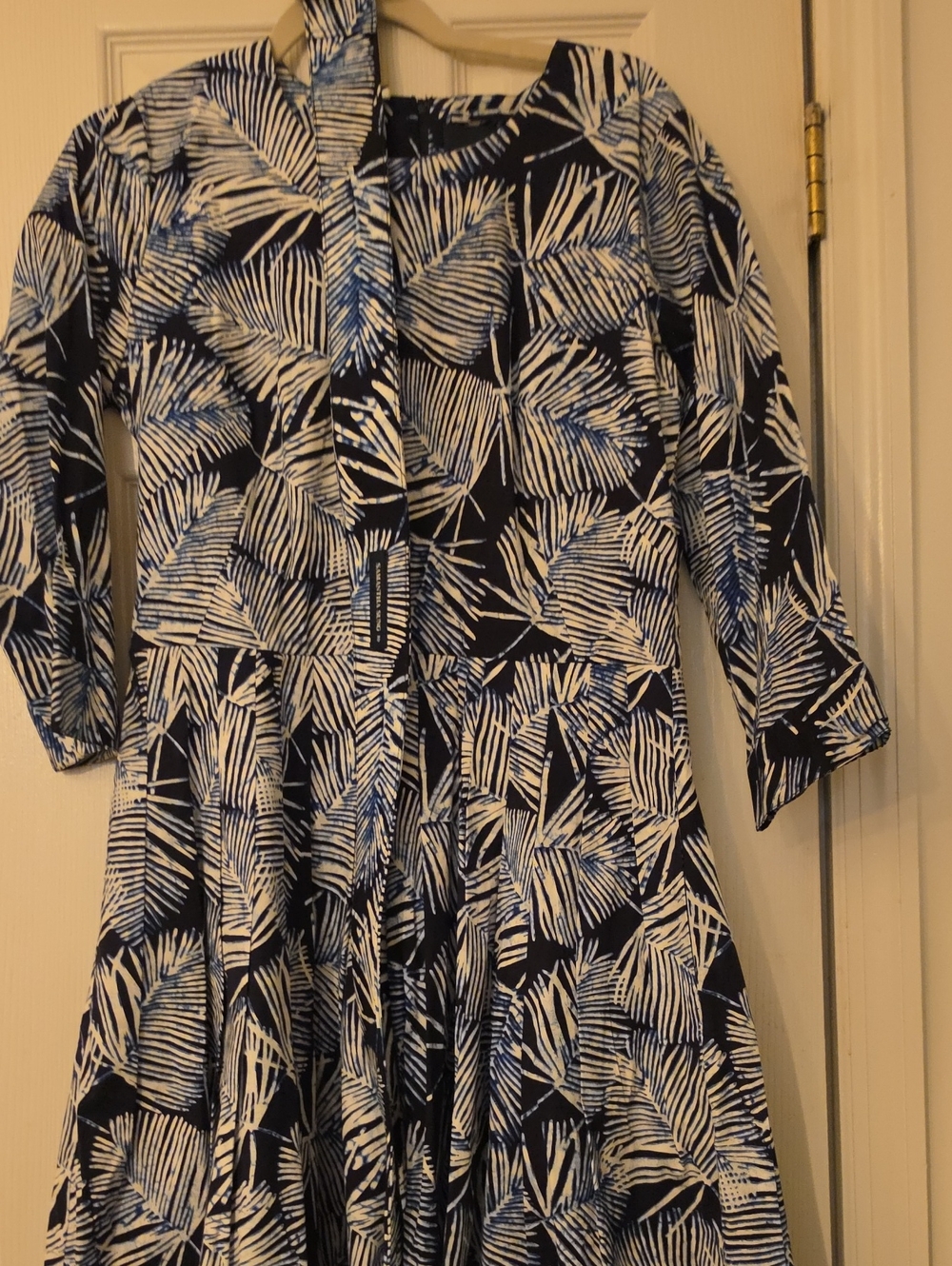 SAMANTHA SUNG Navy and White Palm-Print Long Sleeve Fit-and-Flare Dress